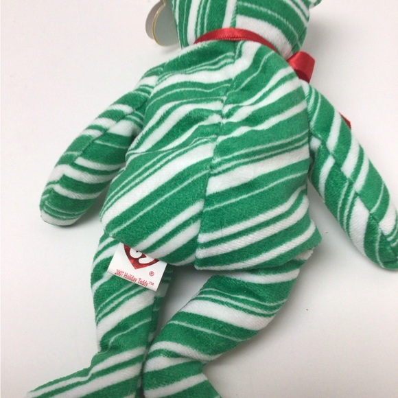 Ty Beanie Baby Retired 2007 Holiday Teddy Happy Holidays Green Candy Stripe Bear - Picture 3 of 3